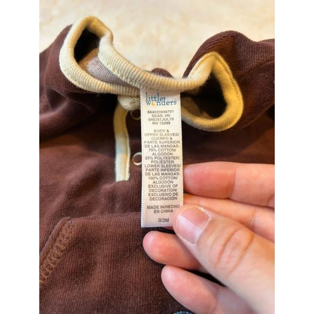 Vtg Little Wonders 0-3M Baby Boy Brown Velvet Embroidered Dog Long Sleeve Romper